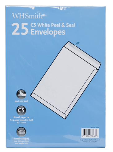 WHSmith C5 White Peel and Seal Envelopes (Pack of 25)