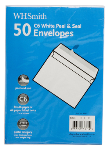 WHSmith C6 White Peel & Seal Envelopes (Pack of 50)