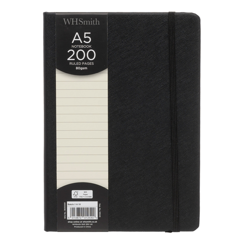 WHSmith Black Textured A5 Wide Ruled Notebook Journal