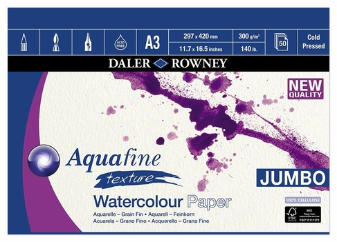 Daler-Rowney Aquafine A3 Watercolour Texture Pad 300gsm 50 White Sheets