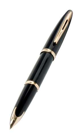 Waterman Carene High Gloss Black Lacquer Fountain Pen with Gold Plated Trim, Medium Nib, Blue Ink