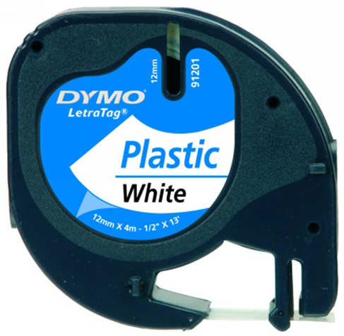 Dymo Letra Tag Labelling Tape Plastic Black on White 12mm X 4 m