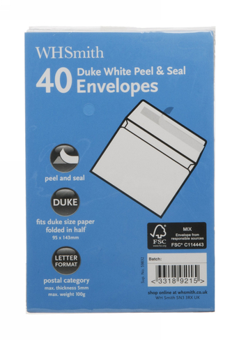 WHSmith 40 Duke White Peel & Seal Envelopes