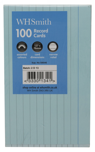 WHSmith Assorted Colour 5 x 3 (12.5 x 7.5cm) Record Cards (Pack of 100)
