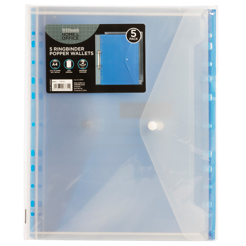 WHSmith Assorted Colours Ringbinder A4 Plastic Popper Wallets (Pack of 5)