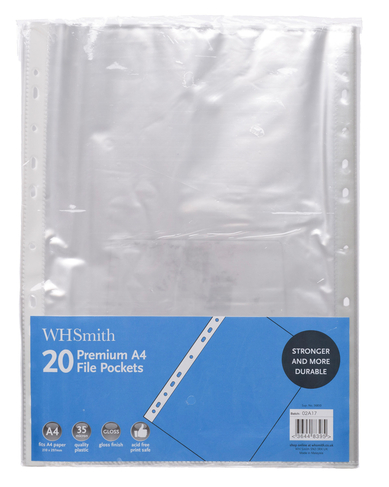 WHSmith Premium A4 Plastic File pockets (Pack of 20)