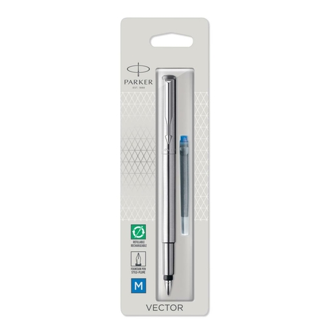 Parker Vector Fountain Pen, Stainless Steel with Chrome Trim, Medium Nib, Blue Ink
