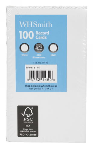 WHSmith White 5 x 3 (12.5 x 7.5cm) Plain Record Cards (Pack of 100)