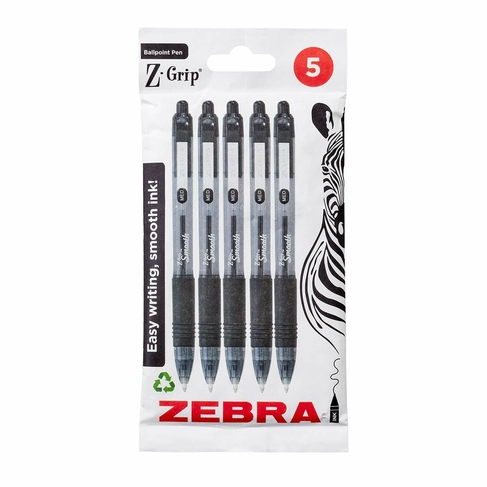 Zebra Z-Grip Smooth Ballpoint Pens, Black Ink (Pack of 5)