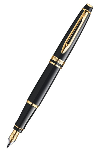Waterman Expert Black Lacquer Fountain Pen with Gold Trim, Medium Nib, Blue Ink