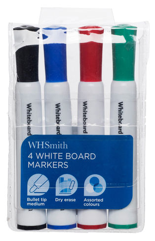 WHSmith White Board Markers, Bullet Nib, Assorted Ink (Pack of 4)