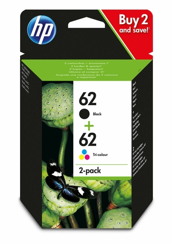 HP 62 2-Pack Black, Tri-colour Original Ink Cartridges, Instant Ink Compatible, N9J71AE