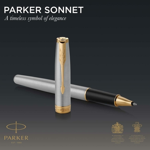 Parker Sonnet Rollerball Pen, Stainless Steel with Gold Trim, Fine, Black Ink, Gift Box
