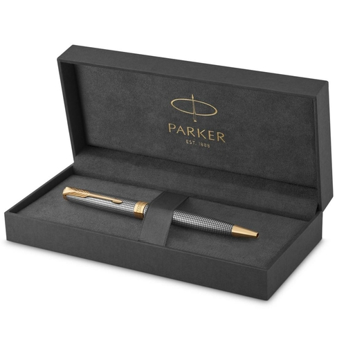 Parker Sonnet Ballpoint Pen, Chiselled Silver with Gold Trim, Medium, Black Ink, Gift Box

