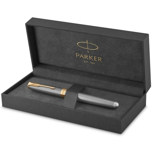 Parker Sonnet Fountain Pen, Chiselled Silver with Gold Trim, Solid 18k Gold Fine Nib, Gift Box
