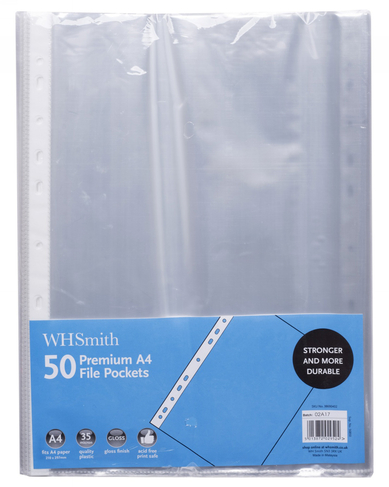 WHSmith Premium Gloss A4 File Pockets (Pack of 50)