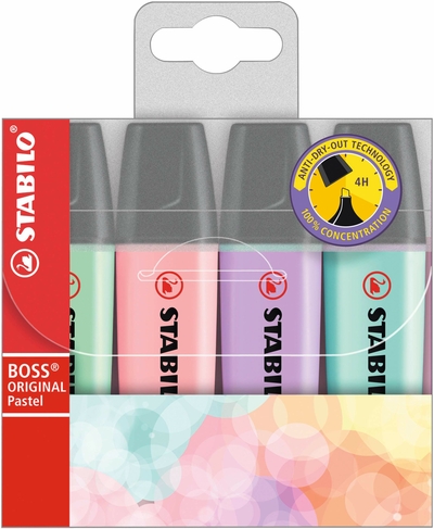 STABILO BOSS Pastel Highlighters, Chisel Nib, Multi Ink (Pack of 4)