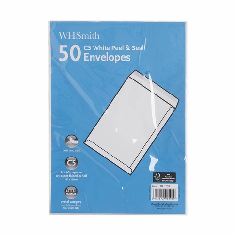 WHSmith C5 White Peel & Seal Envelopes (Pack of 50)