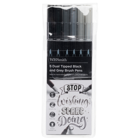 WHSmith Dual Tipped Brush Set Drawing Pens, Black and Grey Ink (Pack of 6)