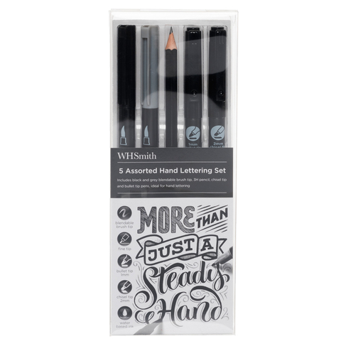 WHSmith Assorted Hand Lettering Pen Sets, Black and Grey Ink (Pack of 5)