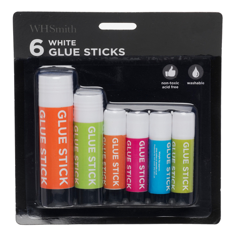 WHSmith Non Toxic Washable White Glue Sticks (6 Pack)