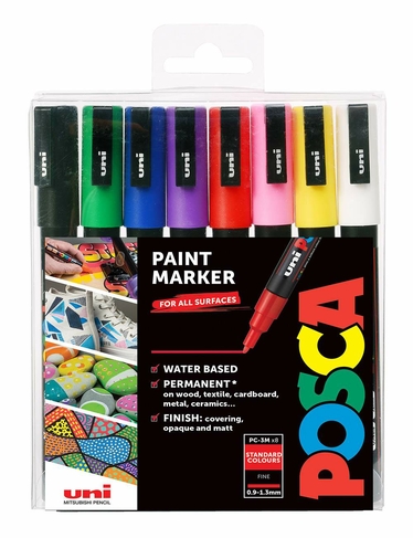 POSCA PC-3M Fine Bullet Tip Multi-Surface Paint Markers Assorted Colours (Pack of 8)