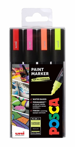 POSCA PC-5M Medium Bullet Tip Multi-Surface Paint Markers Fluorescent Colours (Pack of 4)