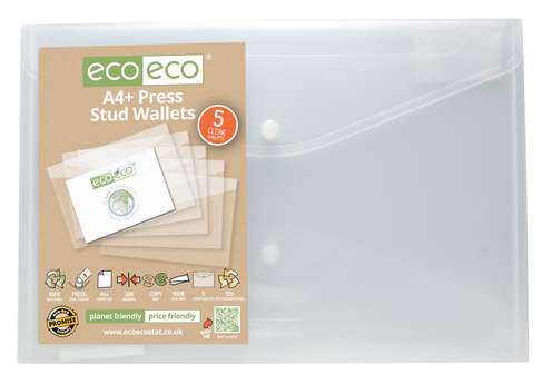 eco-eco 95% Recycled Clear A4 Popper Wallets (Pack of 5)