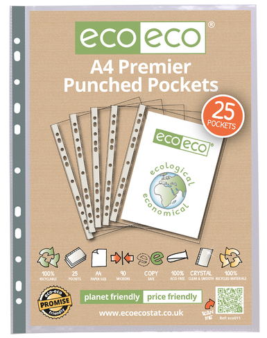 eco-eco 100% Recycled Clear A4 Premium File Pockets (Pack of 25)