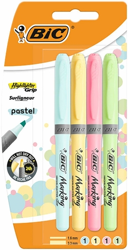 BIC Highlighter Grip Chisel Tip Pastel Highlighter Pens, Assorted Colours (Pack of 4)