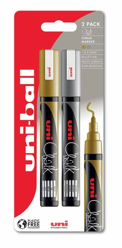 uni-ball uni-Chalk Medium Chalk Markers Gold and Silver (Pack of 2)