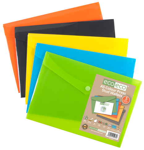 eco-eco 50% Recycled Assorted Colour A5 Popper Wallets (Pack of 5)