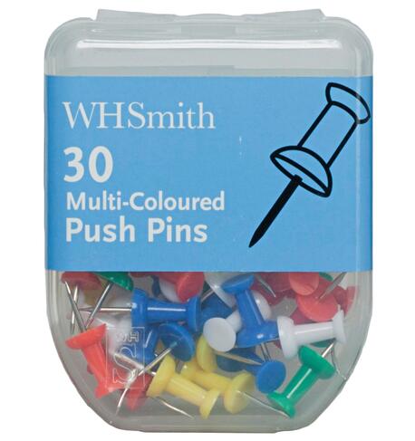 WHSmith Assorted Colour Push Pins (Pack of 30)