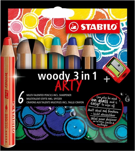 STABILO Woody 3 in 1 ARTY Colouring Pencils (Pack of 6 with Sharpener)