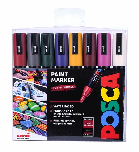 POSCA PC-5M Medium Bullet Tip Multi-Surface Paint Markers Deep Colours (Pack of 8)