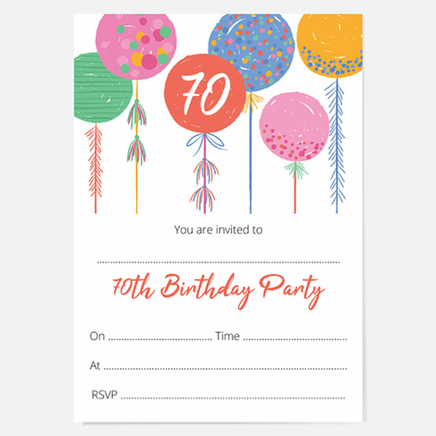 Dotty About Paper 70th Birthday Invitations Bright Balloons (Pack of 10)