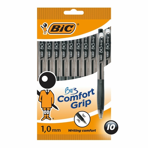 BIC BU3 Grip Ballpoint Pens, 1.0mm Medium Point, Black (Pack of 10)