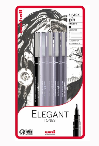 uni-ball uni-PIN Elegant Tones Fineliner and Brush Drawing Pens Black and Grey (Pack of 5)