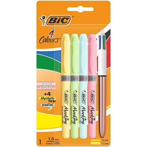 BIC Highlighter Grip Pastel Chisel Tip Highlighter Pens + BIC 4 Colours Rose Gold Metallic Retractable Ballpoint Pen, 1.0mm Medium Point (Pack of 4+1)