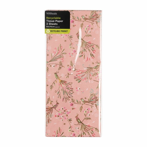 WHSmith 3 Sheets Pink Peacock and Gold foil Tissue Paper