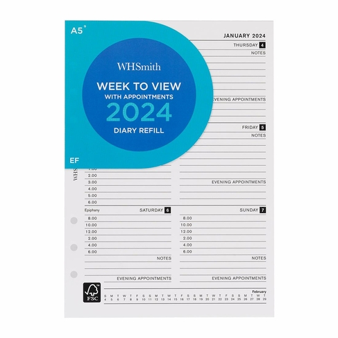 WHSmith A5 Week To View With Appointments 2024 Diary Refill