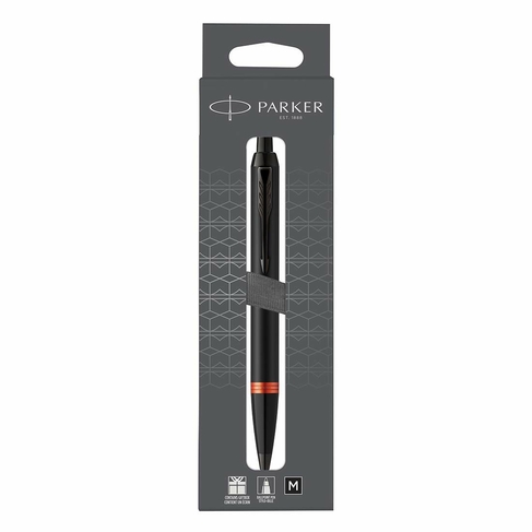 Parker IM Vibrant Rings Ballpoint Pen, Satin Black Lacquer with Flame Orange Accents, Medium, Black Ink, Gift Box