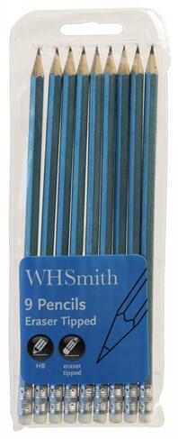 WHSmith Silver Eraser Tipped HB Pencils (Pack of 9)