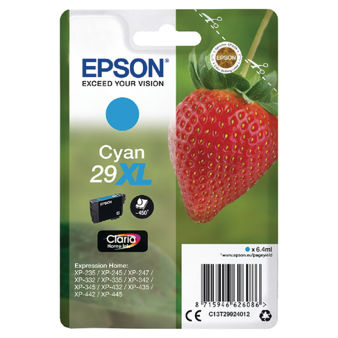 Epson 29XL Home Ink Cartridge Claria High Yield Strawberry Cyan C13T29924012