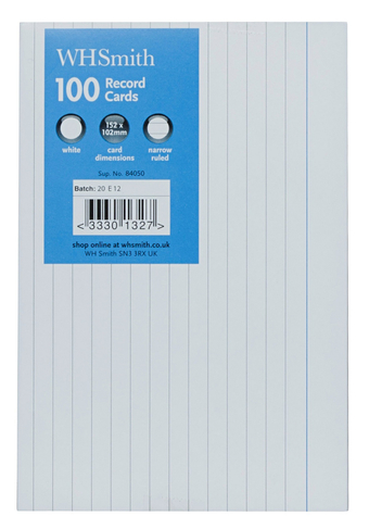 WHSmith White 6 x 4 (15 x 10cm) Ruled Record Cards (Pack of 100)