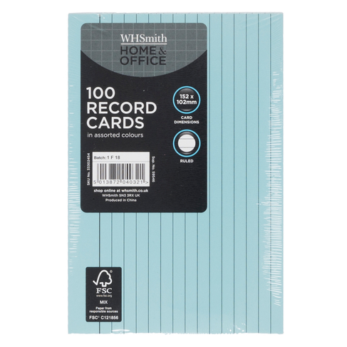 WHSmith Assorted Colour 6 x 4 (15 x 10cm) Ruled Record Cards (Pack of 100)