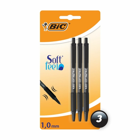 BIC Soft Feel Retractable Ballpoint Pens, 1.0mm Medium Point, Black (Pack of 3)
