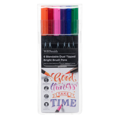WHSmith 6 Blendable Dual Tipped Bright Brush Pens, Various Ink