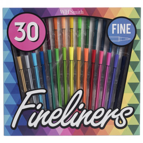 WHSmith Fineliners, Assorted Ink (Pack of 30 Pens)