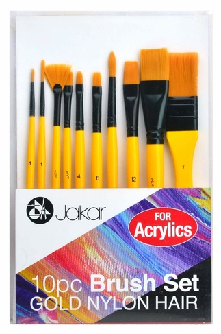Jakar Acrylic Brush Set, Gold Nylon Hair (Pack of 10)